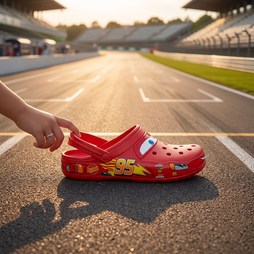 Sabot rouge LAS ROSAS Le Bolide avec motifs de course sur un circuit automobile au coucher du soleil