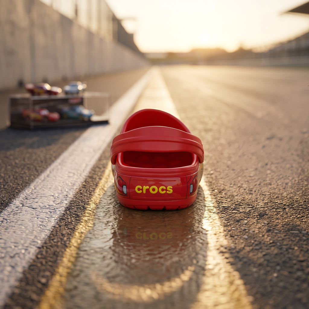 Sabot rouge LAS ROSAS Le Bolide avec charms Pack Circuit sur une piste de course au coucher du soleil