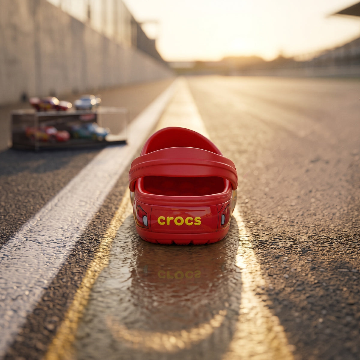 Sabot rouge LAS ROSAS Le Bolide avec charms Pack Circuit sur une piste de course au coucher du soleil