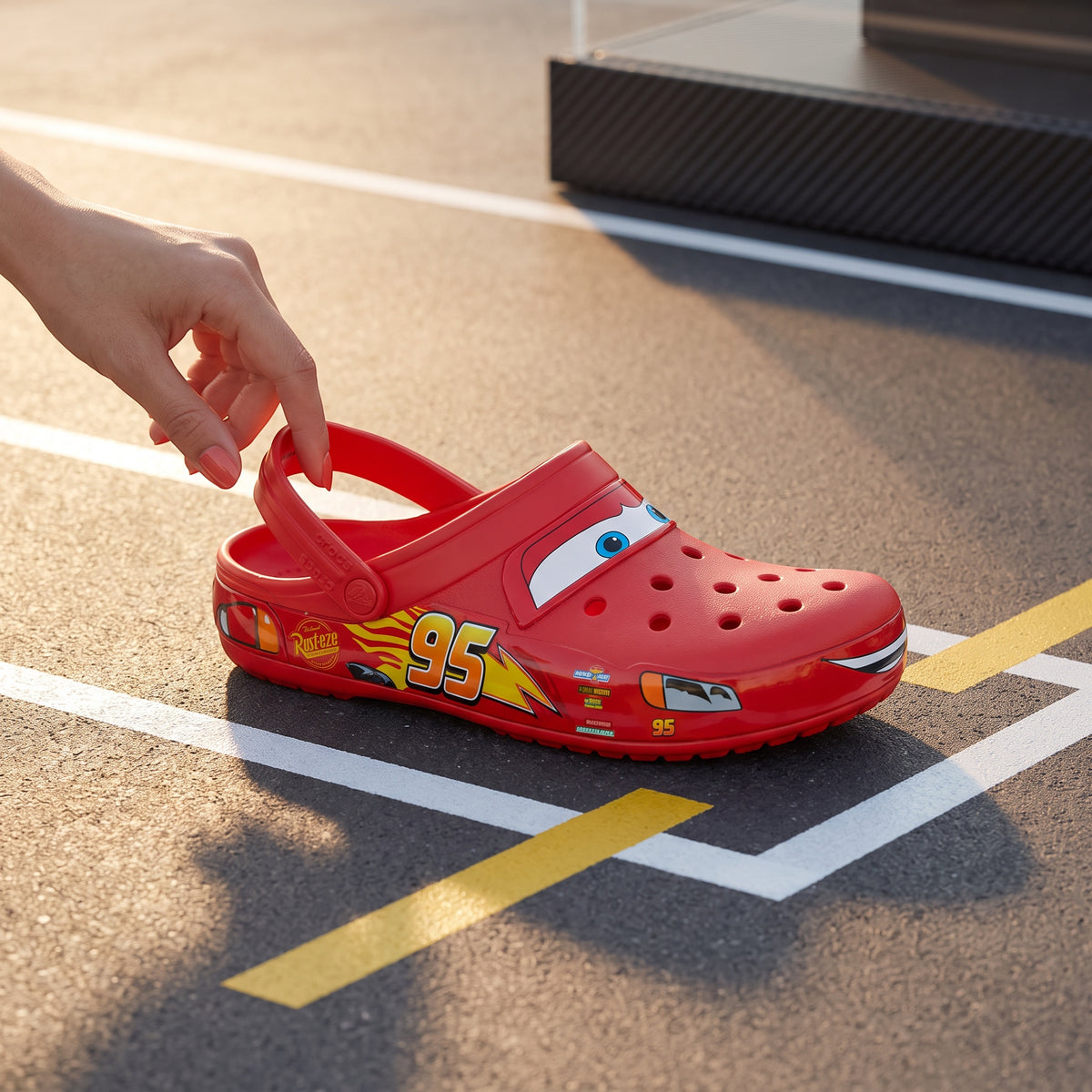 Sabot rouge LAS ROSAS Le Bolide avec charms Pack Circuit posé sur une piste de course