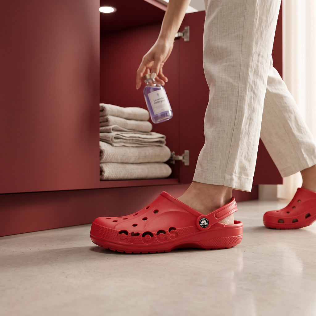 Claquettes LAS ROSAS Baya rouges en mousse souple avec ouvertures latérales, portées dans une cuisine moderne.