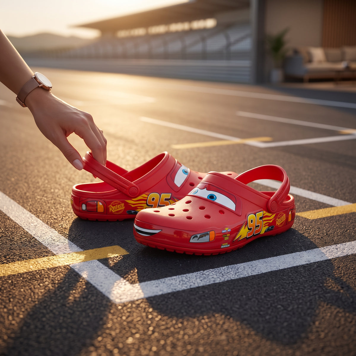 Sabots rouges LAS ROSAS Le Bolide avec charms Pack Circuit sur un circuit au coucher du soleil