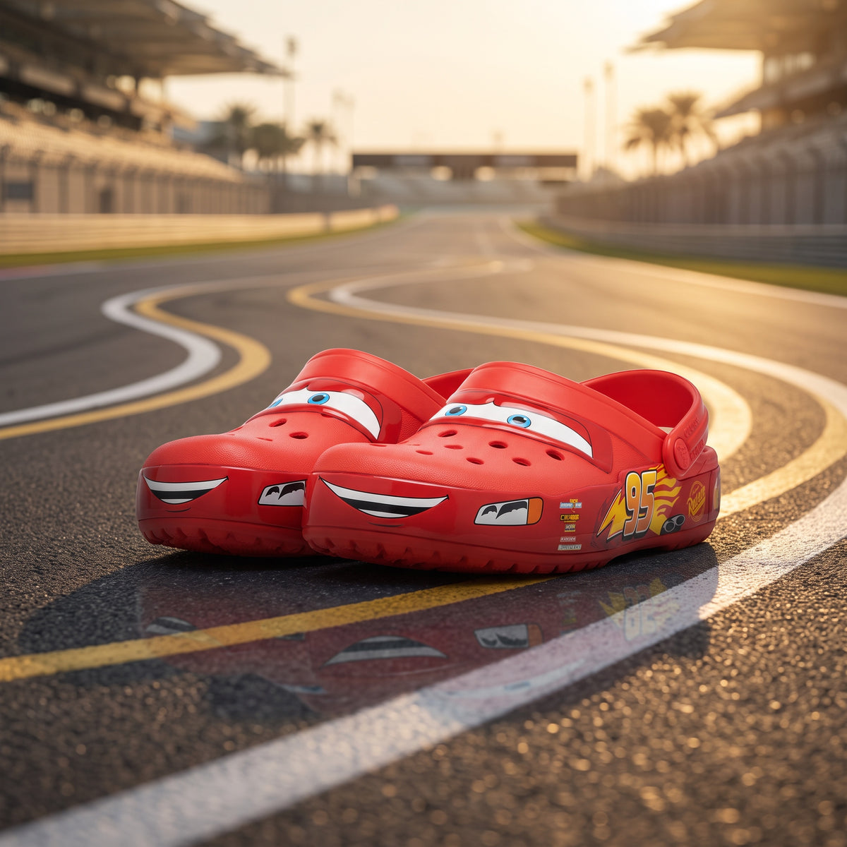Sabots rouges LAS ROSAS Le Bolide avec charms Pack Circuit sur une piste de course au coucher du soleil