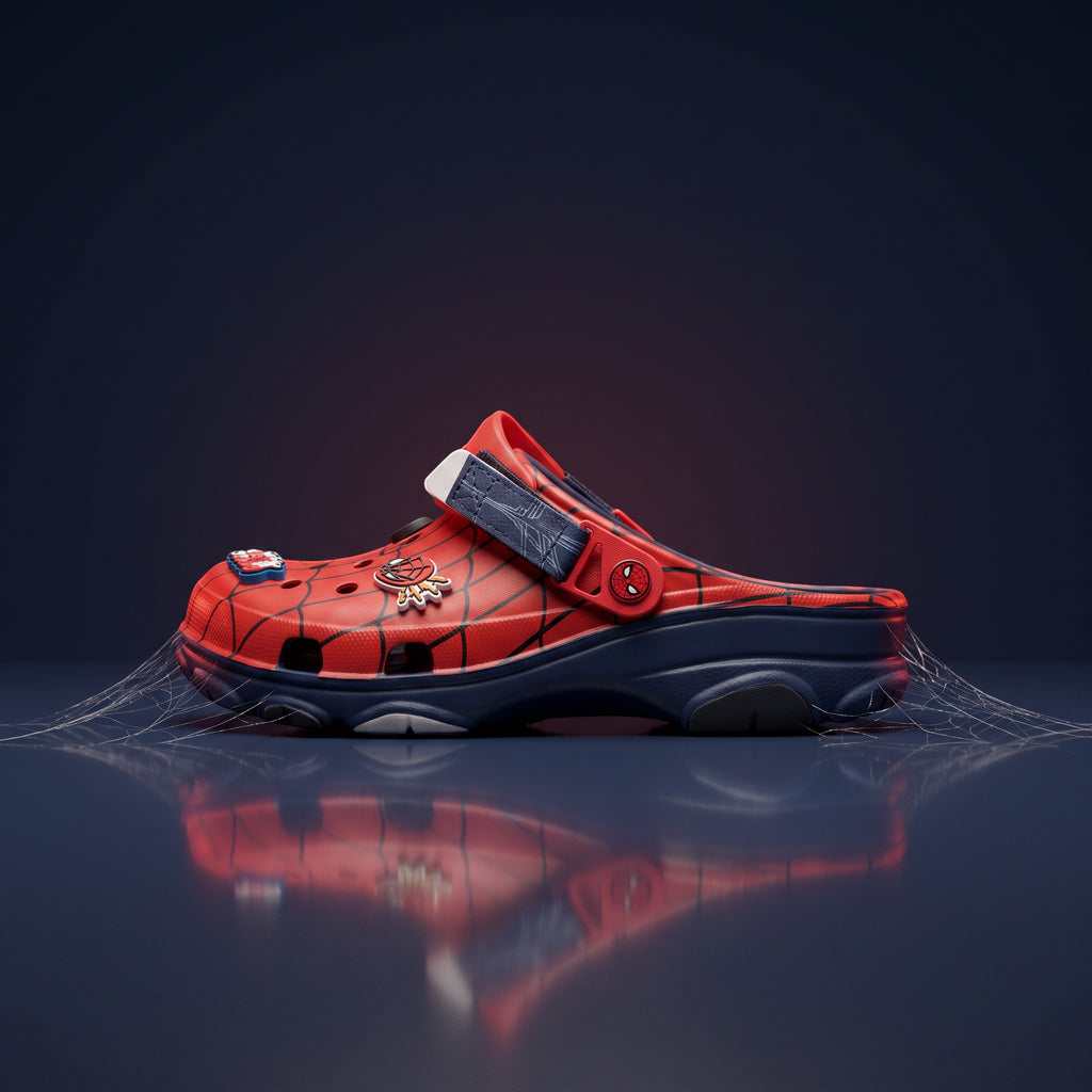 Sabot LAS ROSAS All Terrain Web rouge et bleu avec motif toile d'araignée sur fond sombre