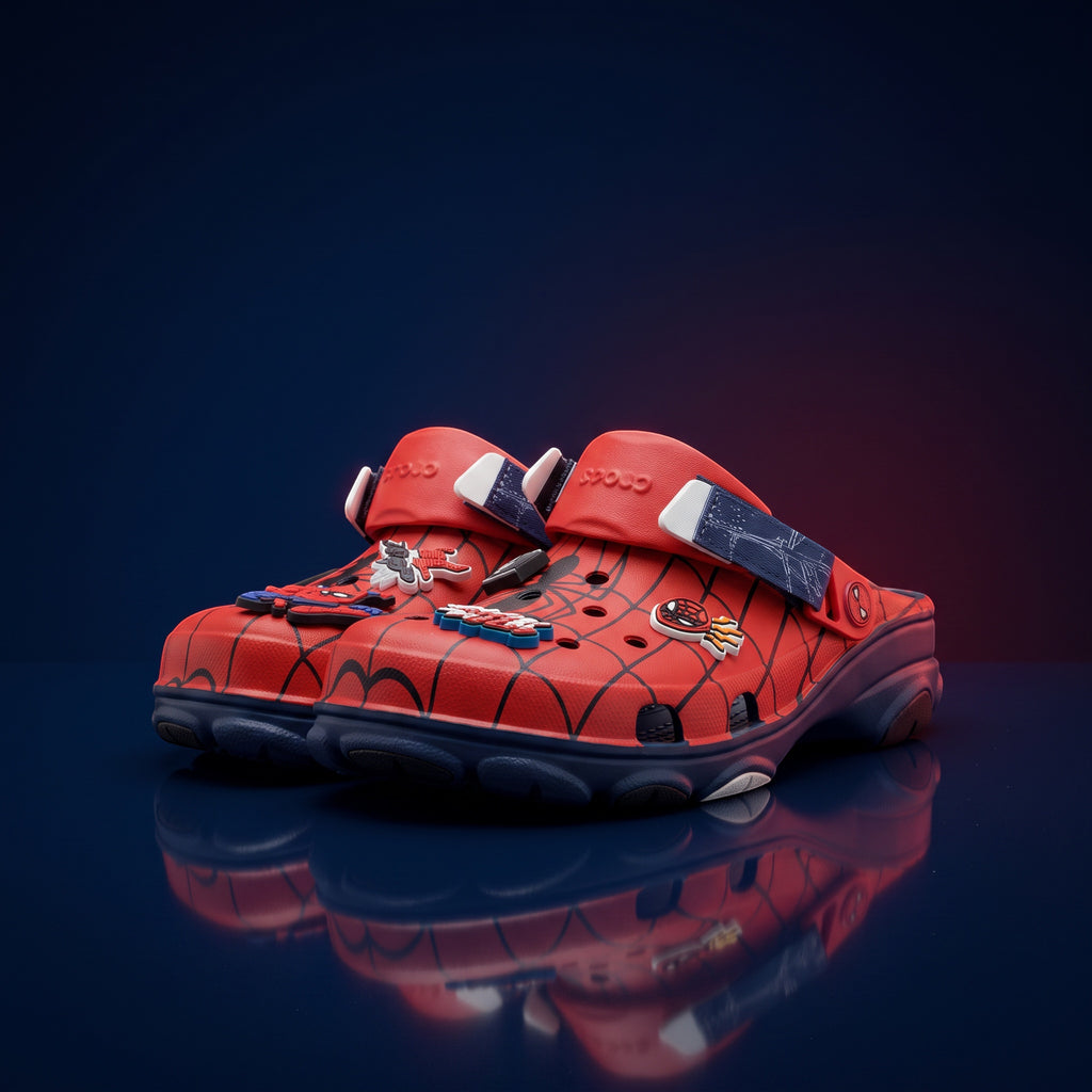 Sabots LAS ROSAS All Terrain Web rouges avec motif toile d'araignée, sur fond bleu sombre