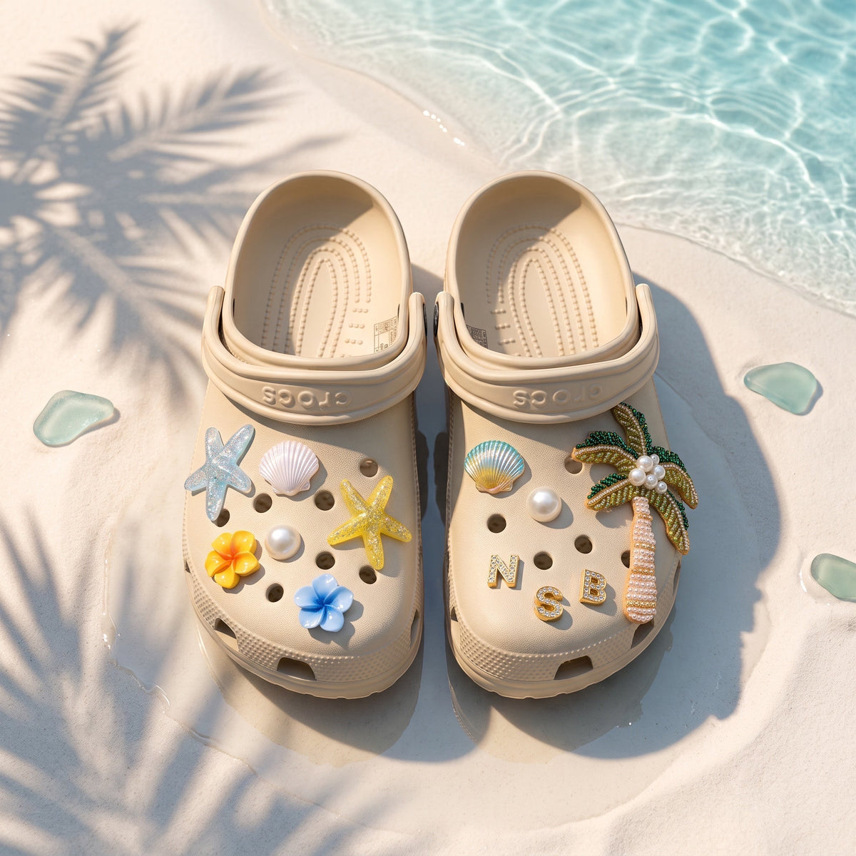 Paire de sabots LAS ROSAS beige décorés avec le pack de charms Bali incluant palmier perlé, coquillages et initiales.