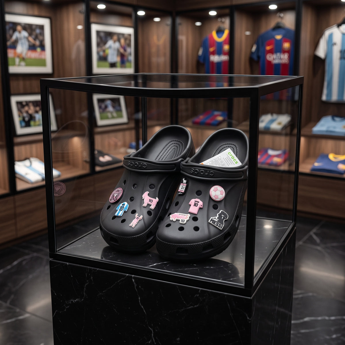 Sabots noirs LAS ROSAS personnalisés avec des charms de football sur le thème GOAT 10 dans une vitrine de magasin