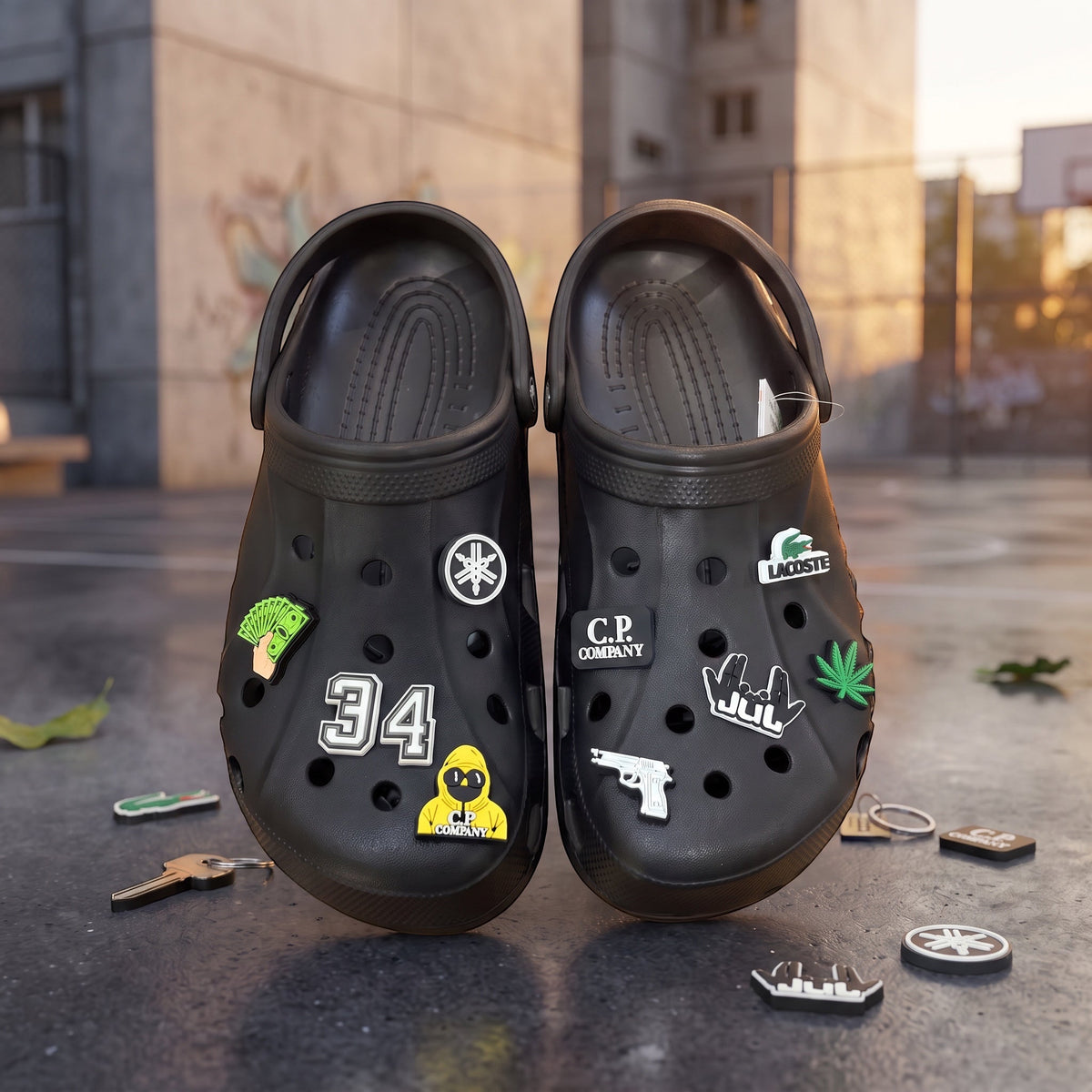 Sabots noirs LAS ROSAS personnalisés avec des charms variés incluant des logos, chiffres et symboles sur un terrain
